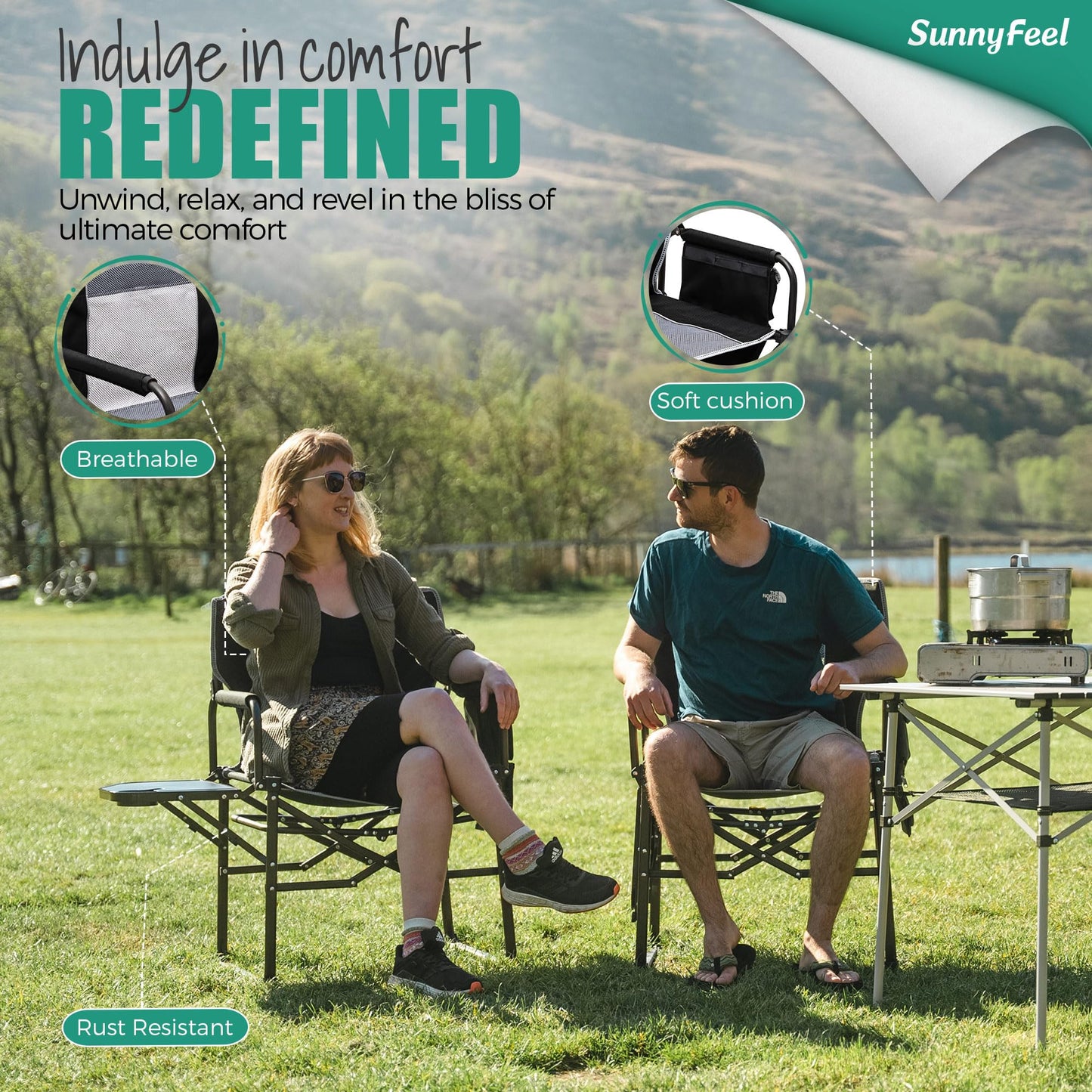 SUNNYFEEL Oversized Camping Directors Chair 500 LBS Heavy Duty, Portable Folding Chair with Side Table, Pocket for Beach, Fishing,Trip,Picnic,Lawn,Concert Outdoor Foldable Camp Chairs