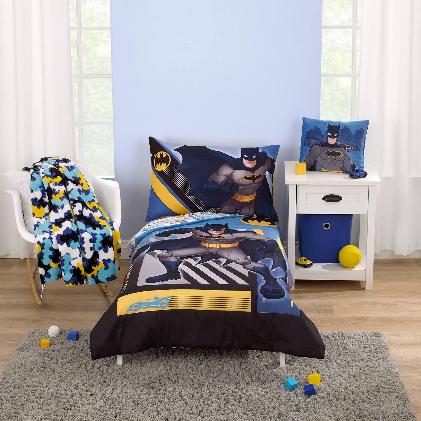 Warner Brothers Batman The Caped Crusader Blue, Gray, and Yellow Bat-Signal and Batmobile 2 Piece Toddler Sheet Set - Fitted Bottom Sheet and Reversible Pillowcase