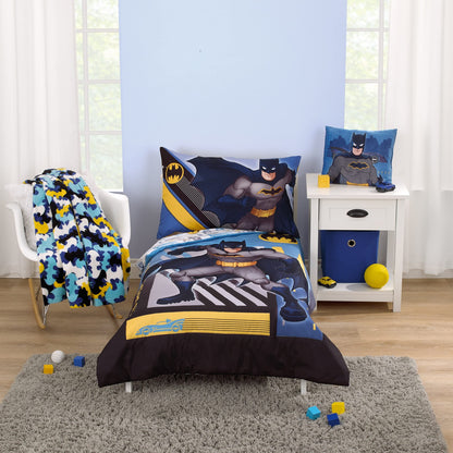 Warner Brothers Batman The Caped Crusader Blue, Gray, and Yellow Bat-Signal and Batmobile 2 Piece Toddler Sheet Set - Fitted Bottom Sheet and Reversible Pillowcase