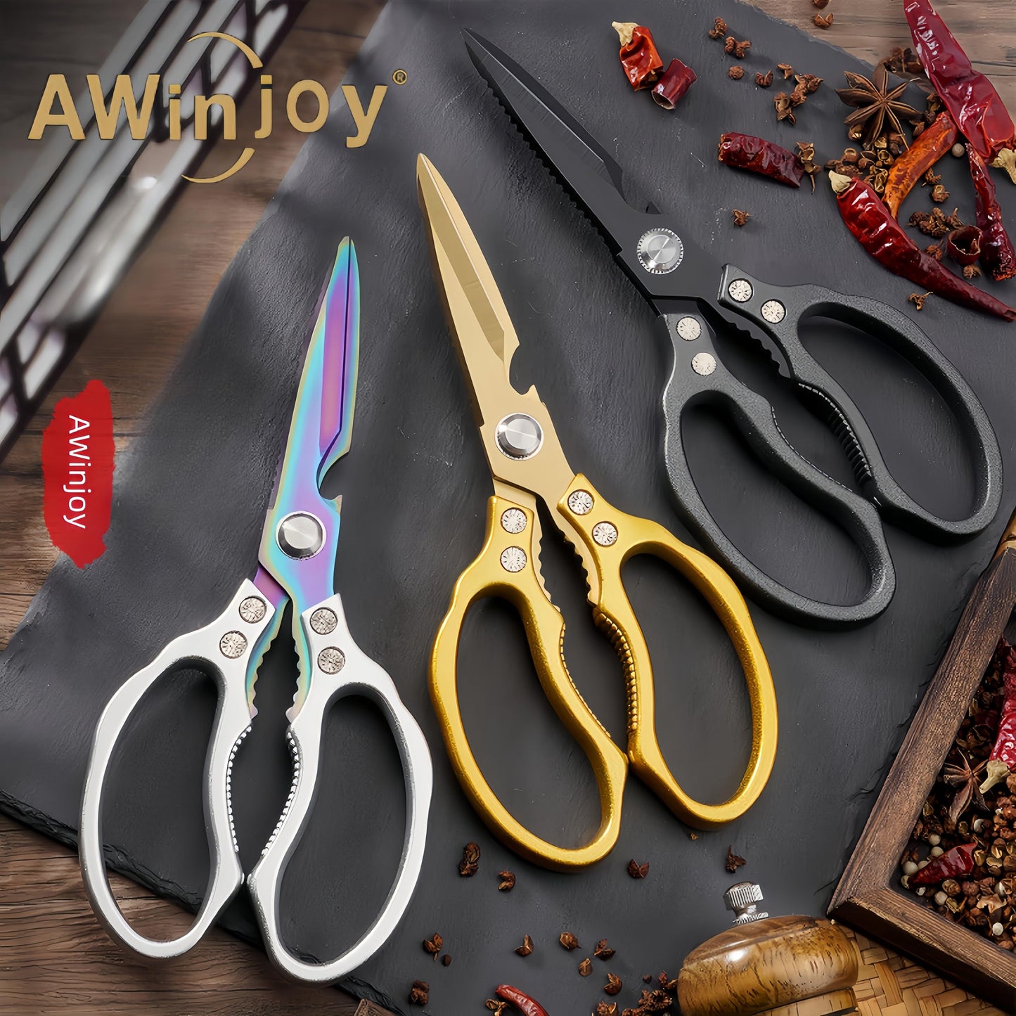 AWinjoy Kitchen Scissors, Heavy Duty Sharp Kitchen Shears Dishwasher Safe, Kitchen Accessories Cooking Shears for Kitchen Meat Chicken Fish Poultry Herb Bread (All Gold), skr-05