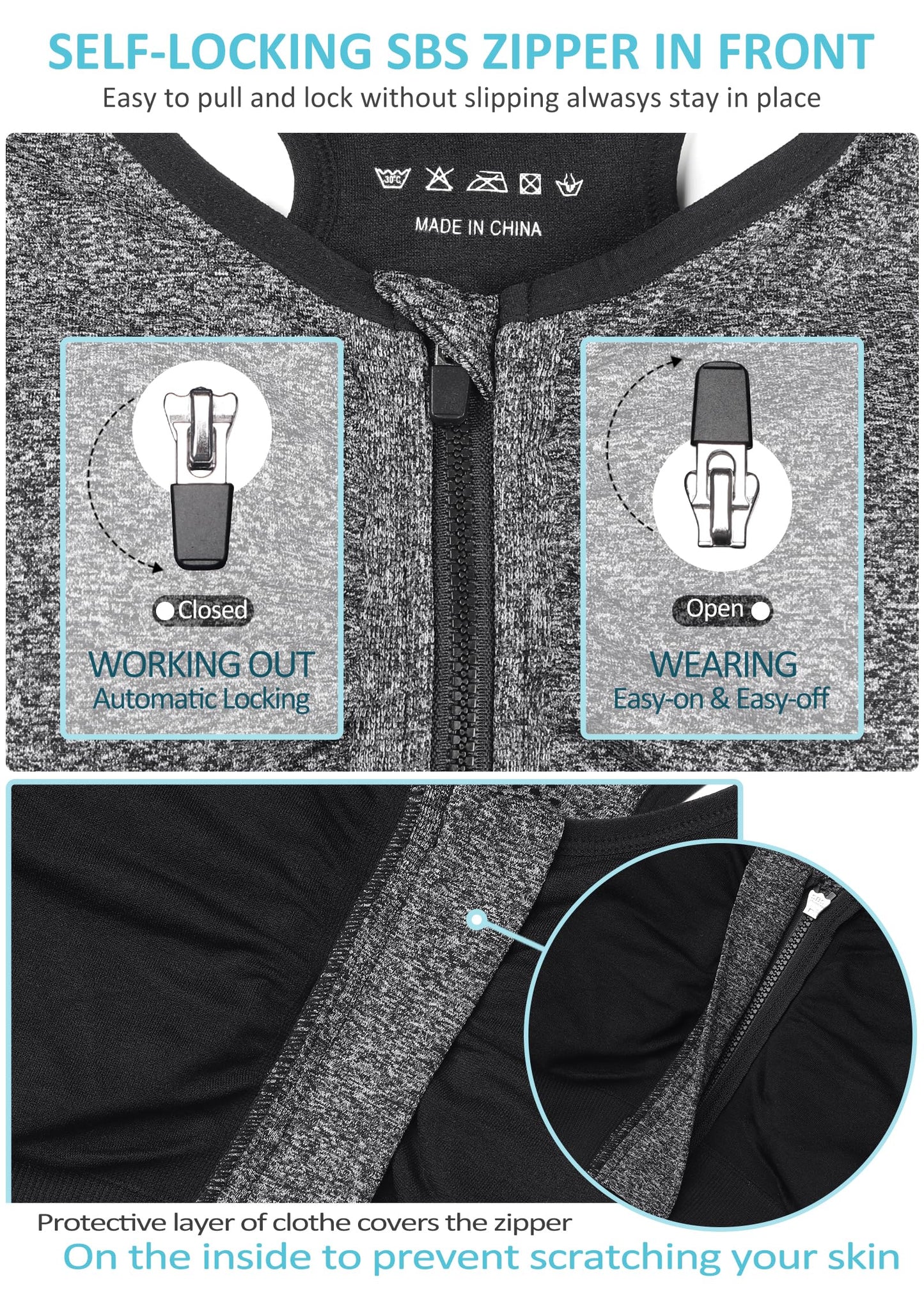 Women's Zip Front Sports Bra Wireless Post-Surgery, Yoga Sports Bras (L:Fit 34C,34,34D,34DD,36B,36C,38A,38B, 3 Pack(Black+Grey+Flesh))