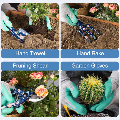 WORKPRO Aluminum Garden Tool Set, 4PCS Heavy Duty Hand Garden Tools with Box Include Trowel, Rake, Pruner, Garden Gloves, Floral and Insect Printing, Garden Gifts