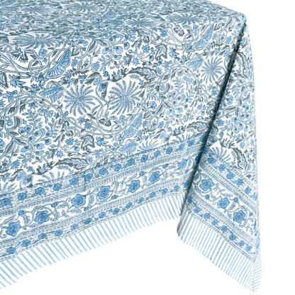 ATOSII Butterfly Blue 100% Cotton Rectangle Summer Tablecloth, Handblock Floral Print Linen Table Cloth for Kitchen Dining I Parties, Weddings, Outdoors, Decor 60 X 108 Inches, 8 Seater