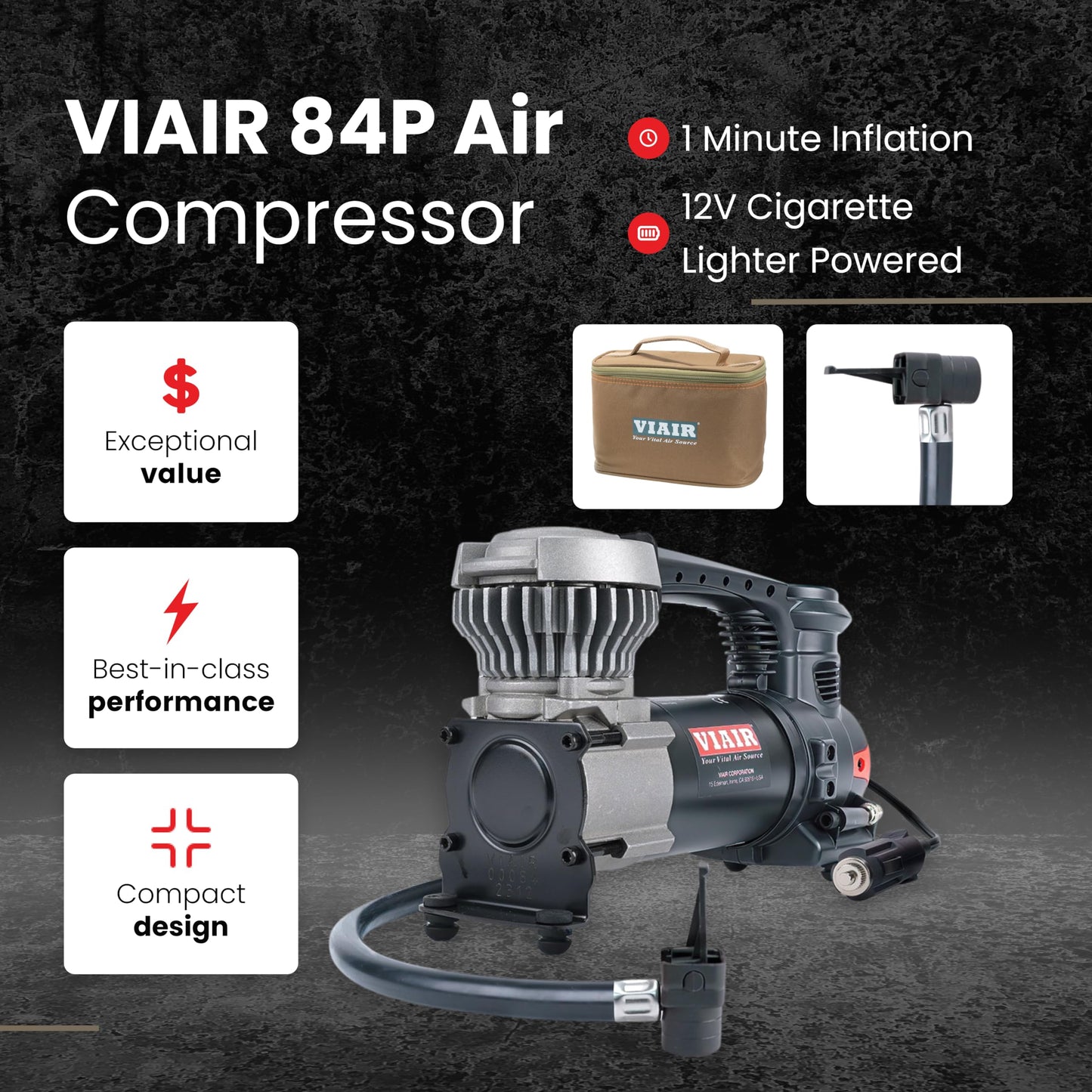VIAIR 85P - 00085 Tire Inflator Portable Air Compressor for Car, Truck & SUV 12V On/Offroad Tire Pump Air Compressor Portable Heavy Duty 60 PSI, Cigarette Plug, Twist Chuck