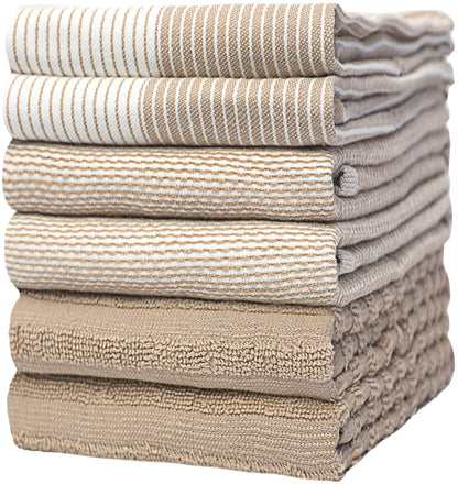 Premium Kitchen Towels (20”x 28”, 6 Pack) | Large Cotton Kitchen Hand Towels | Flat & Terry Dish Towel | Highly Absorbent Tea Towels Set with Hanging Loop | Tan