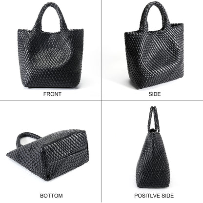 Queenoris Woven Bag for Women, Vegan Leather Tote Bag Large Summer Beach Travel Handbag and Purse Retro Handmade Shoulder Bag (Black)