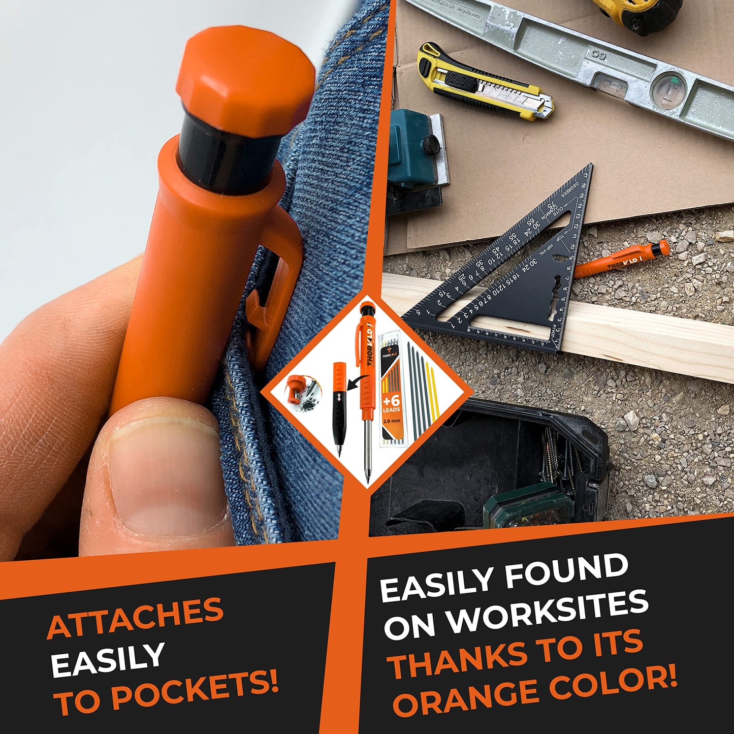 THORVALD New 2-in-1 Carpenter Pencils with Finger Grip for Carpenter (Incl. 7 Leads + Sharpener) Solid Mechanical Pencils with Fine Point/Best Marking tools Construction/Carpenters/Scriber