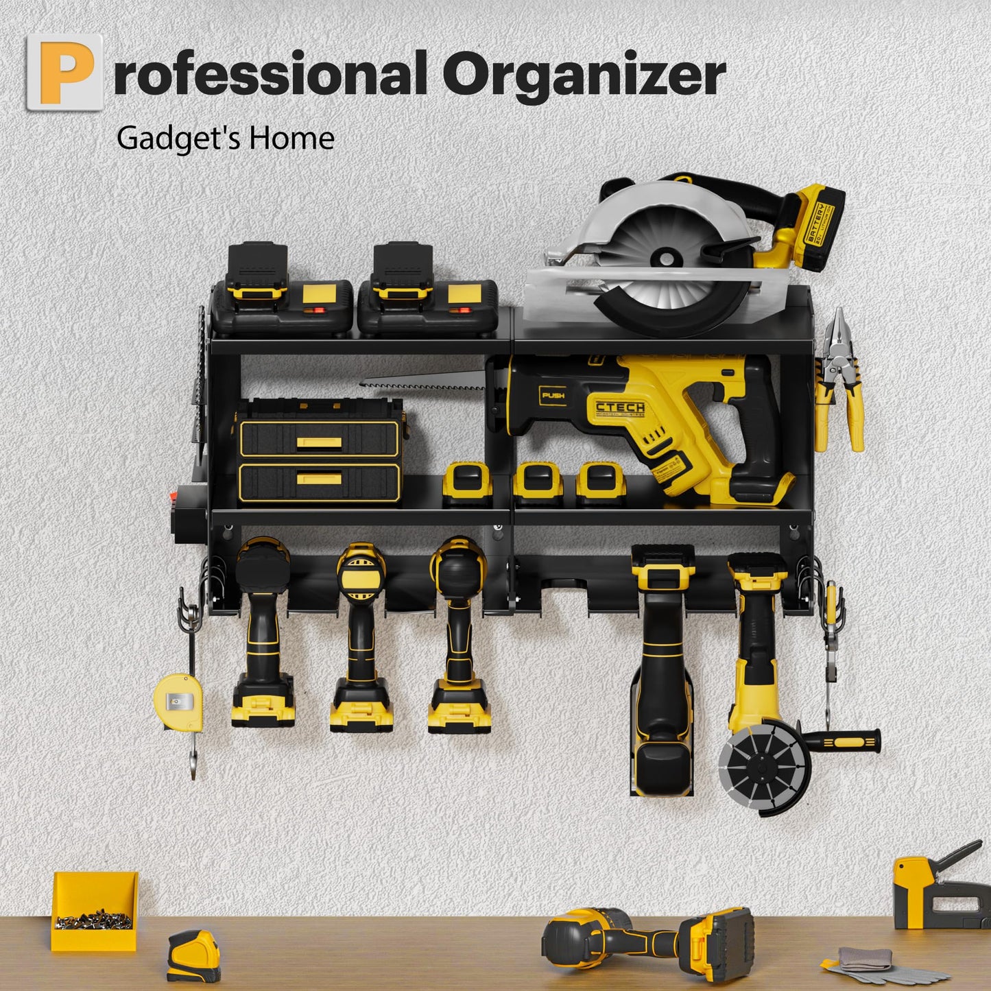 Spampur Power Tool Organizer Wall Mount with Charging Station, 3 Layer Heavy Duty Metal Tool Storage Rack Loads 4200lbs with 6 Cordless Drill Holder, Tool Storage Rack with 4 Outlet Power Strip