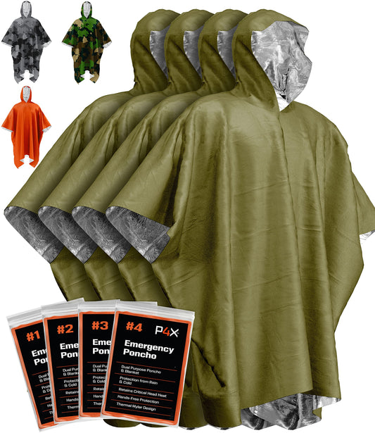 PREPARED4X Emergency Poncho with Mylar Blanket Liner – Heavy Duty, Waterproof, Wind-Resistant Green Rain Poncho for Outdoors, Camping, and Car Emergency Kits - Thermal Poncho - 4 Pack (Green)