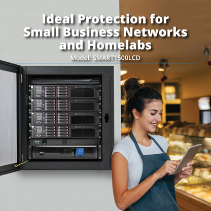 Tripp Lite SMART1500LCD 1500VA Rack Mount UPS Battery Backup, 900W, 8 Outlets, PWM Sine Wave, Short Depth 2U Rackmount UPS, AVR, LCD Screen