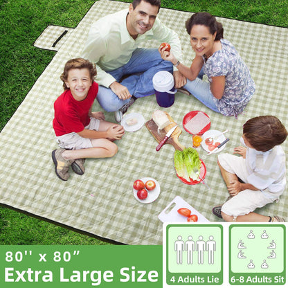 ZAZE Extra Large Picnic Outdoor Blanket, 80''x80'' Waterproof Foldable Blankets Gingham Picnic Mat for Beach, Camping Grass Lawn Park Accessories Cute Couple Gifts Ideas Wedding Registry(Green White)