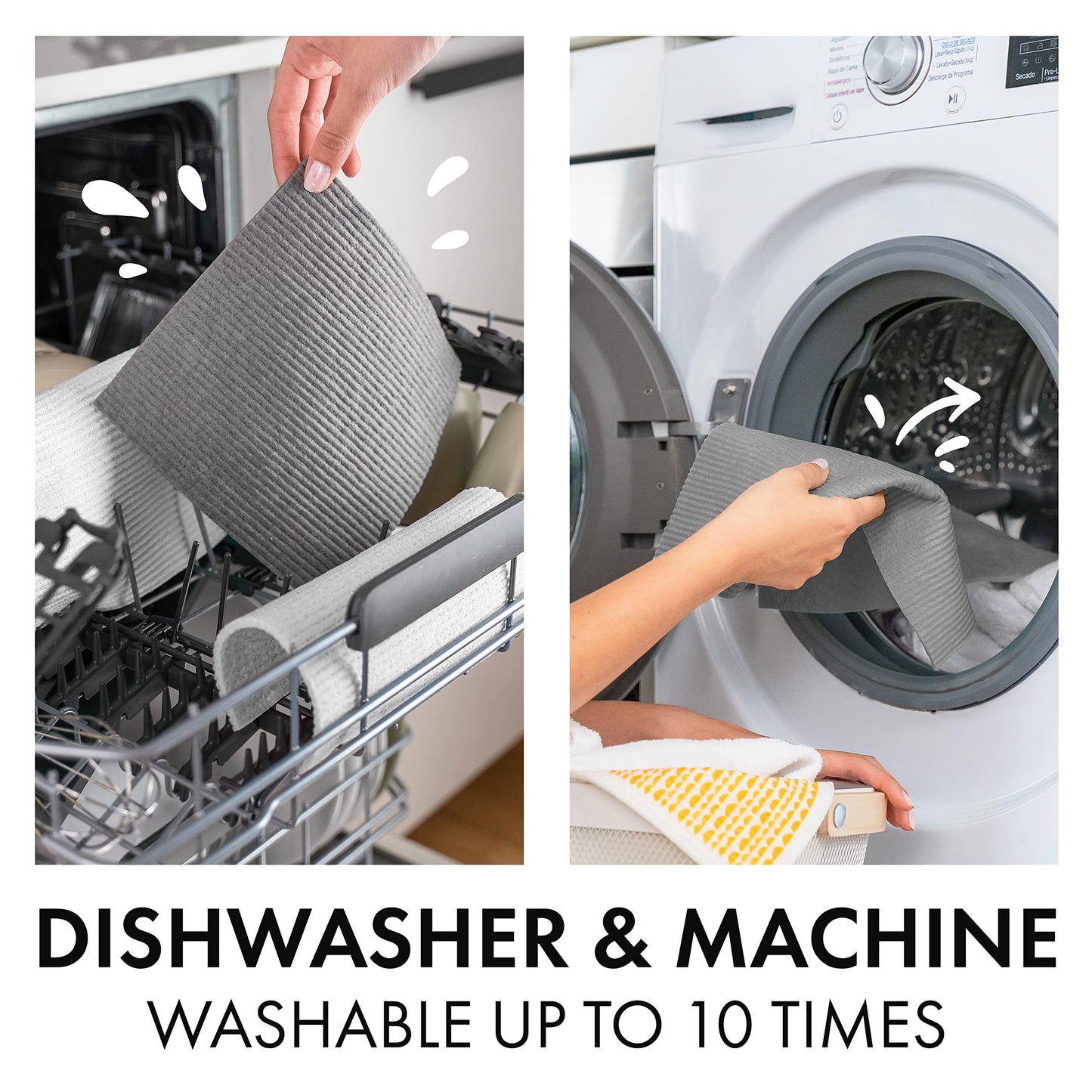 SUPERSCANDI 10 Pack Swedish Dishcloths for Kitchen - 100% Biodegradable & Compostable Reusable Paper Towels Washable, Food-Safe & Without Plastic - Dish Rags Suitable for Any Surface, Grey