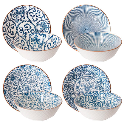 YALONG Ceramic 40 Oz Ramen Bowls Set of 4, 8 Inch Soup Bowls for Pho,Noodle,Salad, Pasta and Serving, Blue and White Japanese, Microwave and Dishwasher Safe
