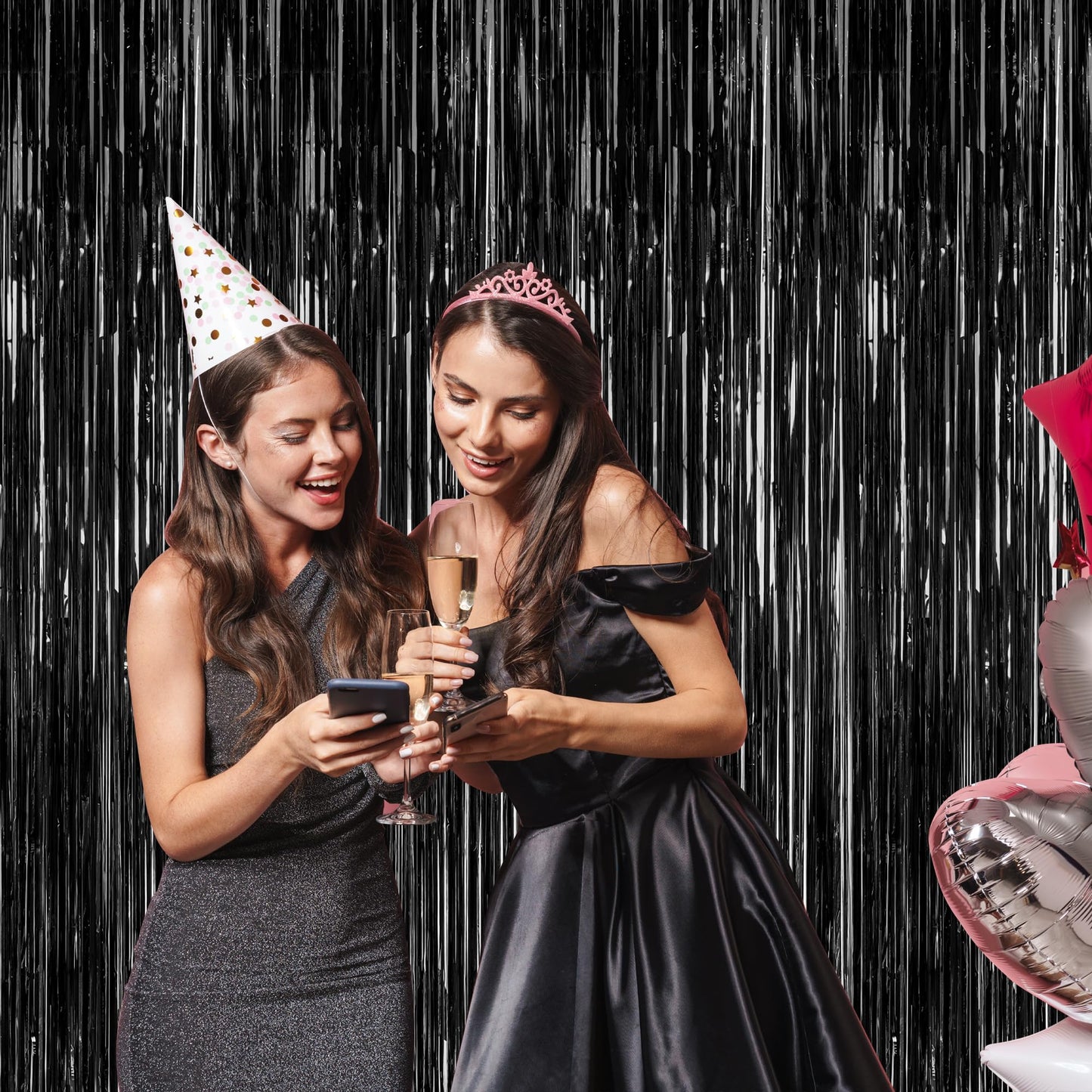 2 Pack 2025 Graduation Party Decorations, 3.28 FT x 7.05 FT Black Backdrop, Metallic Graduation Photo Backdrop Fringe Curtains Tinsel Backdrop Foil Streamer, Grad Party Supplies Photo Booth Props