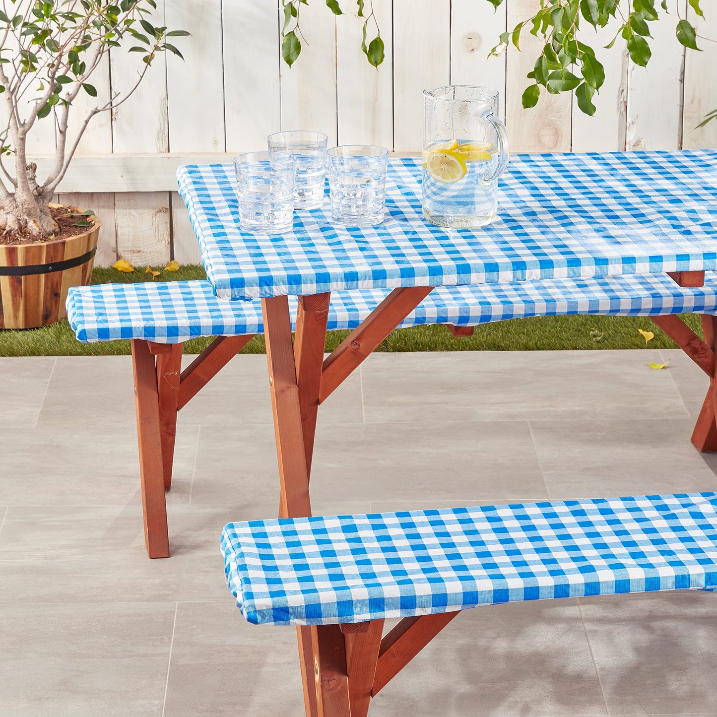 Violet Linen Deluxe Checkered Gingham Pattern, Vinyl Tablecloth Elestic, Polyester Flannel Backed Lining, Blue, 28 x 72 Inch, 3-Piece Set, Picnic Table and Bench Fitted Table Cover