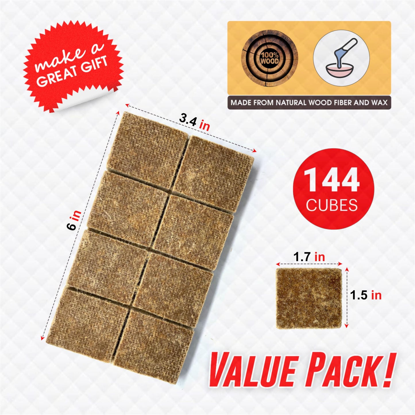 Dextreme Fire Starter Pack of 144/48 Natural Fire Starters Cubes for Campfires, Charcoal, BBQ, Grill Pit, Fireplace, Wood Stoves, Smokers and Camping - Easy to Ignite and Non Toxic… (144 Squares)