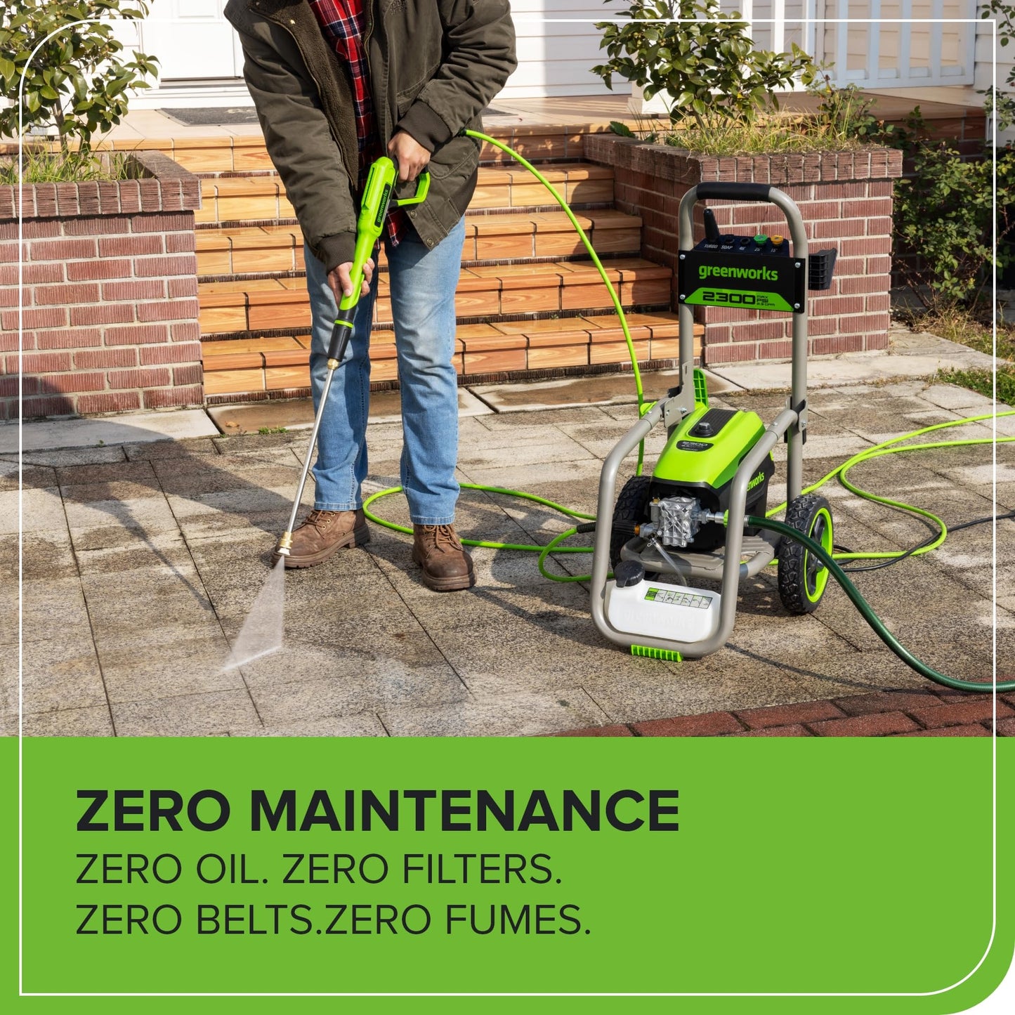 Greenworks Pro Brushless 2300 PSI (SGS Certified) 2.3 GPM Max / 1.2 GPM Electric Pressure Washer (Foldable Handles, Rugged Steel Frame, 25 FT Hose, 35 FT GFCI Power Cord)