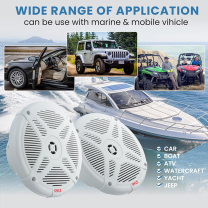 Pyle 6.5 Inch Marine Speakers (Pair) - 2-way IP-X4 Waterproof and Weather Resistant Outdoor Audio Dual Stereo Sound System with 600 Watt Power and Low Profile Design - Pyle PLMR652W (White)