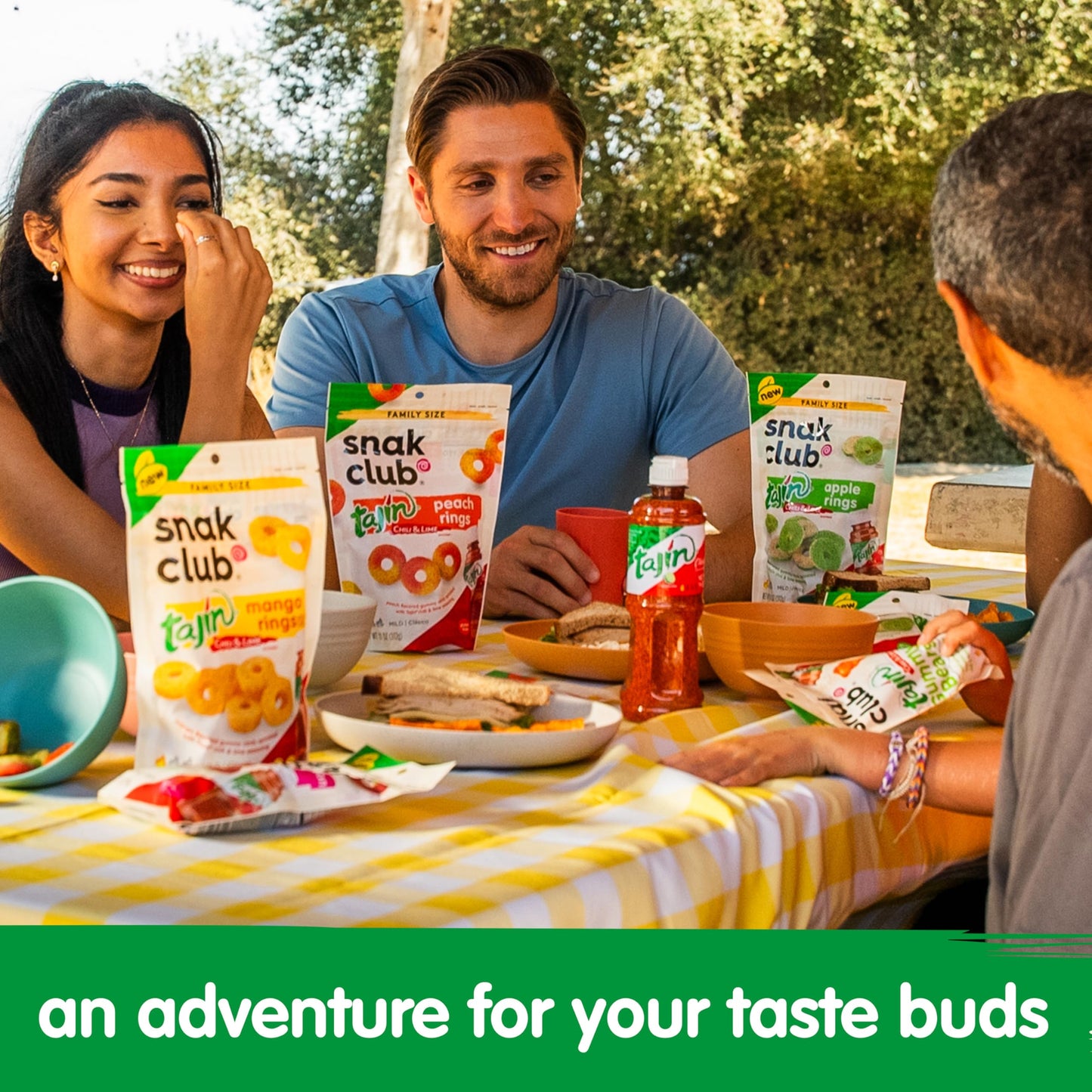 Snak Club Tajin Gummy Candy Fruit Rings, Gummies with Chili and Lime Seasoning, Mild Spice, Gluten-Free and Vegan Snacks, Assorted Variety, Mango, Pineapple, Peach, Watermelon, Snack Size 12 Pack