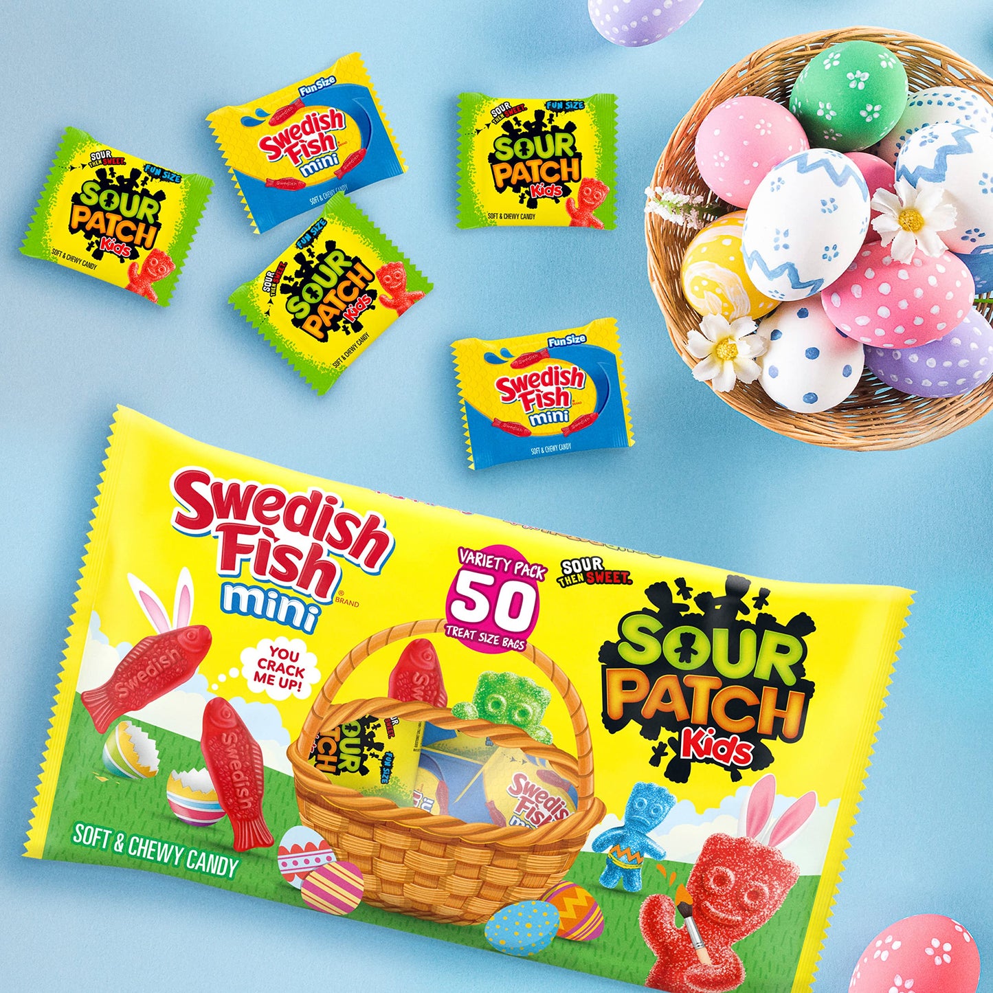 SOUR PATCH KIDS and SWEDISH FISH Mini Soft & Chewy Easter Candy Variety Pack, Bulk Candy, 50 Snack Packs