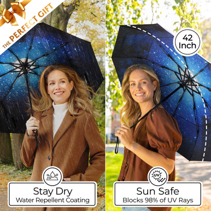 TUMELLA Strongest Windproof Travel Umbrella (Compact, Superior & Beautiful), Small Strong but Light Portable and Automatic Folding Rain Umbrella, Durable Premium Grip, Fits Car and Backpack