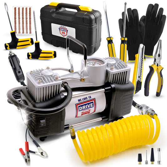 Tire Inflator Portable Air Compressor with Tire Repair Kit – 12V DC Dual Cylinder Air Pump for Car Tires, 150 PSI Tire Pump with Tire Pressure Gauge, Car Emergency Kit, and Cars Accessories Air Pump