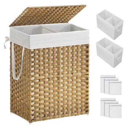 SONGMICS Laundry Hamper with Lid, 90L Clothes Hamper with 2 Removable Liner Bags, 6 Mesh Bags, Wicker Laundry Basket, Double Laundry Hamper for Bathroom, 13 x 18.1 x 23.6 Inches, Natural ULCB251N01V1