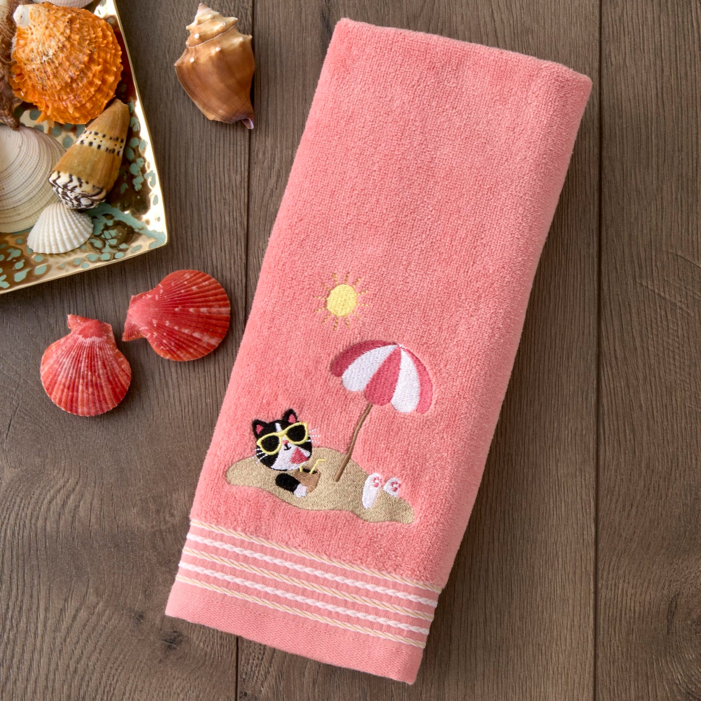 SKL Home Buried Cat Hand Towel 2pc Set for Bath/Kitchen/Bar & Gift, Coral Pink
