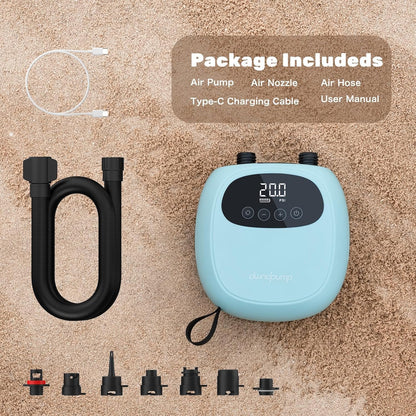 dwndpump Electric Paddle Board Pump, Rechargeable 20 PSI SUP Pump, Dual-Stage Inflation and Deflation Sup Air Pump, Portable Electric Pump for Kayaks, Wind Wings, SUPs (with 7 Valve Adapters)