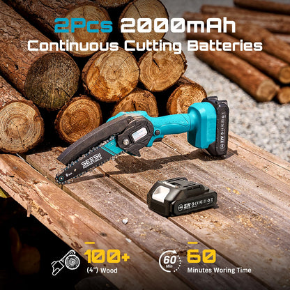 Seesii Mini Chainsaw, 6-inch Mini Chainsaw Cordless, Handheld Electric Power Chain Saw with 2 Batteries, for Tree Trimming Wood Cutting, Best Gifts for Father, Dad, Husband, Men