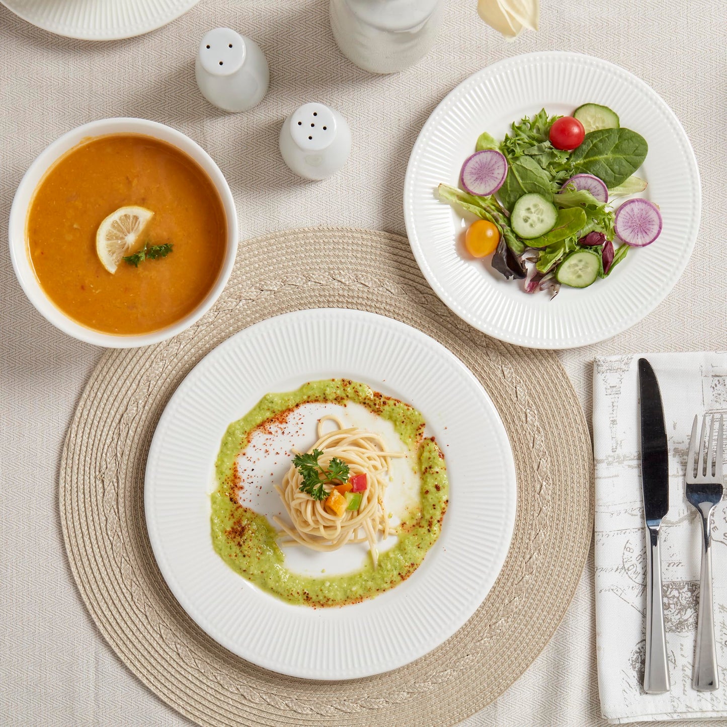 Tabletops Gallery Embossed Bone White Porcelain Round Dinnerware Collection- Chip Resistant Scratch Resistant, Fleur 12 Piece Dinnerware Set (Dinner Plate, Salad Plate, Cereal Bowl)