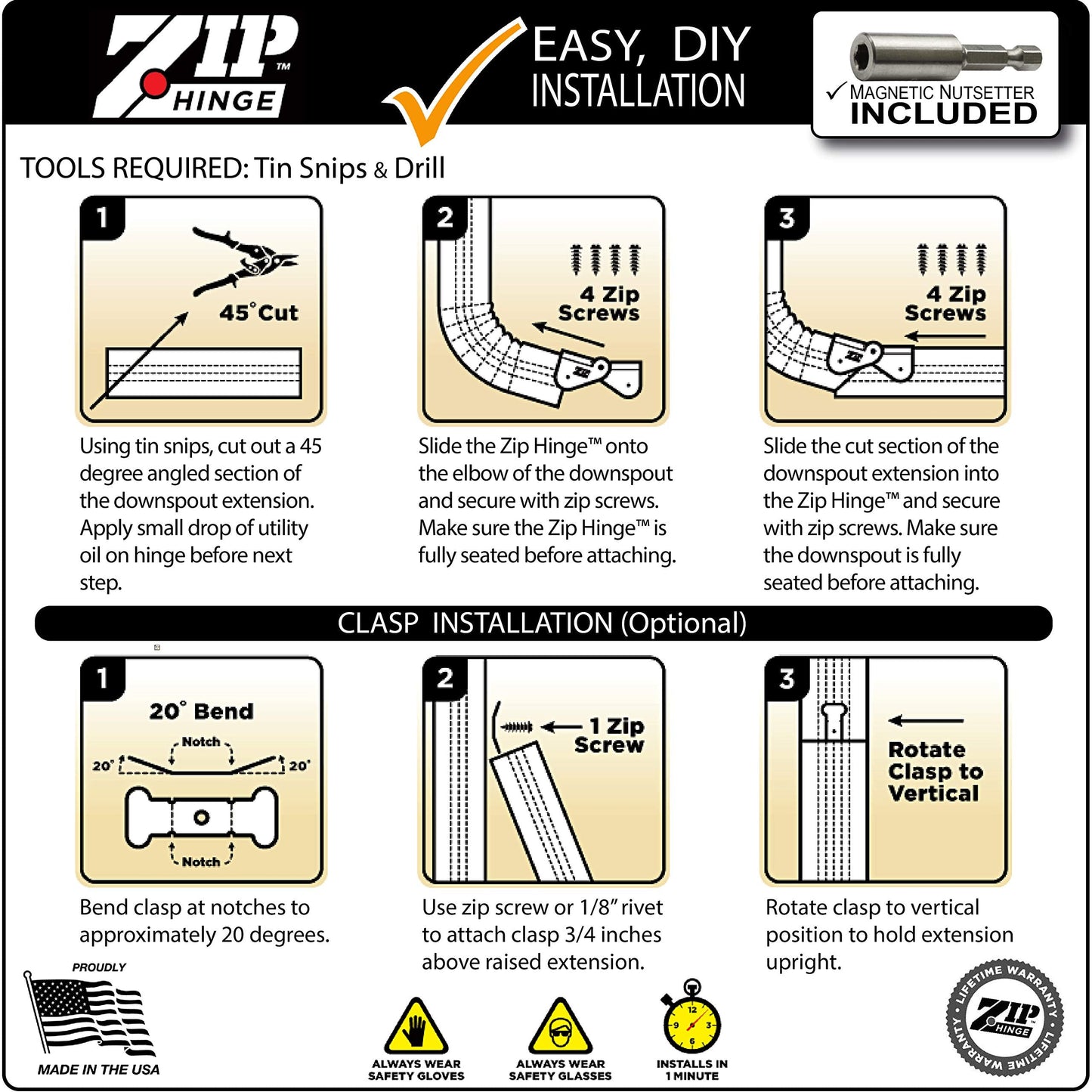 Zip Hinge 5 Pack Plus | Made in The USA Downspout Hinge | Hardware, Nutsetter & Instructions | DIY Installation on All Rectangle or Square Downspouts