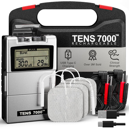 TENS 7000 Rechargeable Tens Unit Muscle Stimulator, Back Pain Relief, 4 Electrodes/Unit Pads, Period Pain Simulator, Muscle Recovery & Growth, Stim Machine, Electrotherapy, TENS Machine