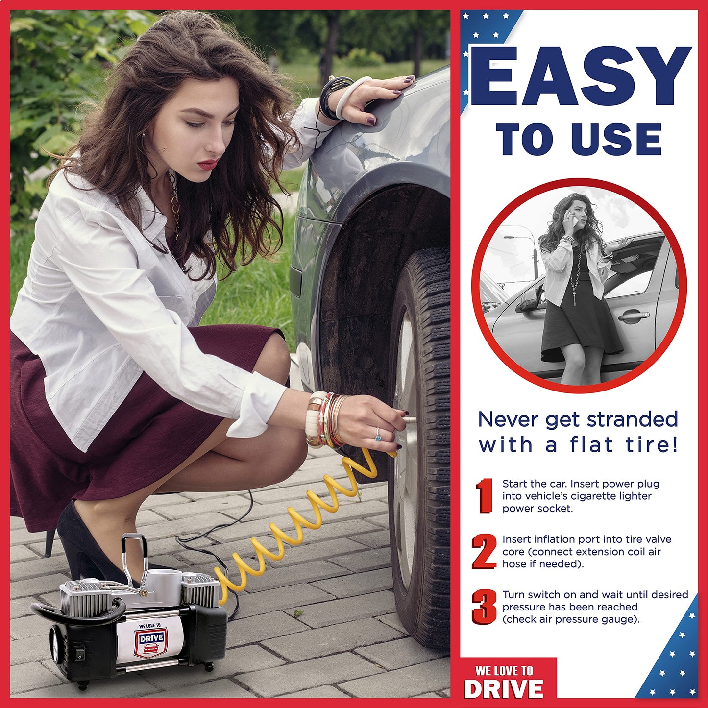 Tire Inflator Portable Air Compressor with Tire Repair Kit – 12V DC Dual Cylinder Air Pump for Car Tires, 150 PSI Tire Pump with Tire Pressure Gauge, Car Emergency Kit, and Cars Accessories Air Pump