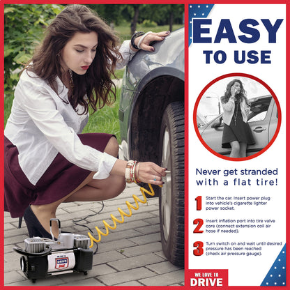 Tire Inflator Portable Air Compressor with Tire Repair Kit – 12V DC Dual Cylinder Air Pump for Car Tires, 150 PSI Tire Pump with Tire Pressure Gauge, Car Emergency Kit, and Cars Accessories Air Pump
