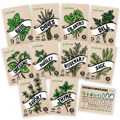 Culinary Herb Seeds Variety Pack: 10 Spice Herbs, Hydroponic Garden Indoors, Heirloom Planting Basil, Parsley, Sage, Thyme, Rosemary, Cilantro, Chives Dill Oregano, Summer Savory by Sustainable Sprout