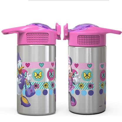 Zak Designs Disney Minnie’s Happy Helpers - Stainless Steel Water Bottle with One Hand Operation Action Lid and Built-in Carrying Loop, Kids Water Bottle with Straw Spout (15.5 oz, 18/8, BPA Free)