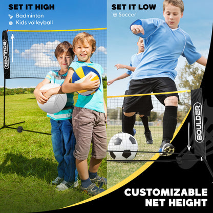 BOULDER Portable Badminton Pickleball Net - Foldable / Extendable Poles for Multiple Sports Heights (UP to 5 ft) - Ideal for Tennis, Pickleball, Soccer Tennis - Easy Setup (Black, 17 FT)
