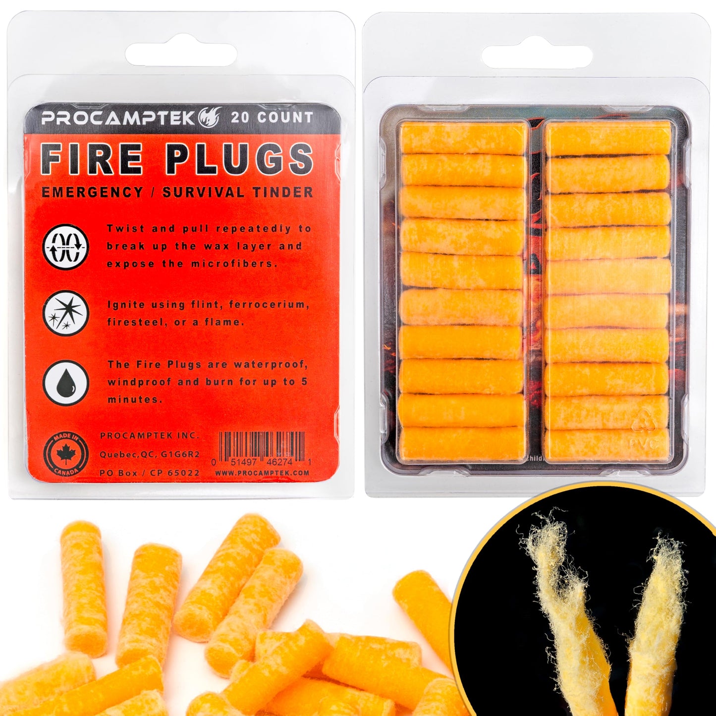 Procamptek Fire Plugs 100% Waterproof Fire Starter for Emergencies, Survival, Campfire, Fire Pits, Grills | Burns 5+ Minutes, All Natural, Non-Toxic (20 Fire Plugs)
