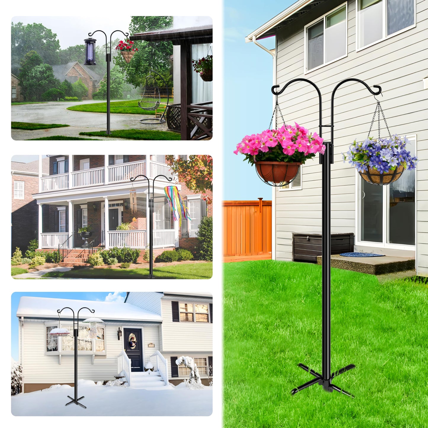 XDW-GIFTS Double Shepherds Hooks for Outdoor, 2-Pack Heavy Duty Garden Pole for Hanging Bird Feeder, Plant Baskets, Solar Light Lanterns, Garden Plant Hanger Stands with 5 Base Prongs