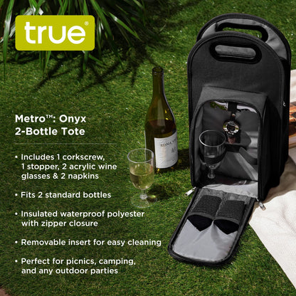 True Metro Insulated Wine Tote with Pockets, Wine Bottle Carrier and Picnic accessory set, wine glasses set of 2, Napkins, Corkscrew, and Bottle stopper, Black, Set of 1