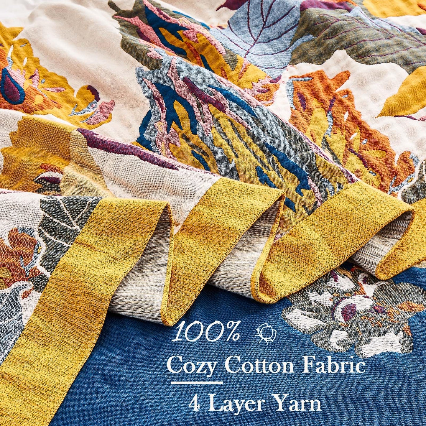 XIBLC Boho Throw Blanket, 100% Cotton Ultra Soft Luxury Throw Rustic Quilt, 50"x60" Floral Bird Butterfly Farmhouse Decor Bed Blankets, All Season Rustic Reversible Bohemian Throw for Bed - Yellow