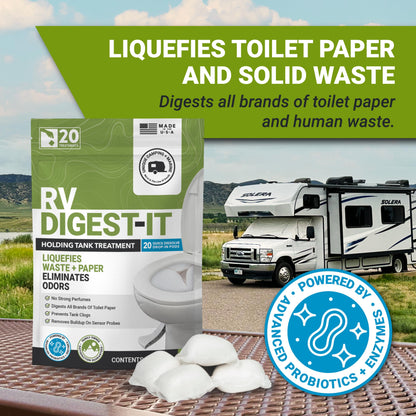 Unique RV Digest-It Classic RV Toilet Treatment, Drop-In Pod - Convenient, Dissolvable, Mess-Free - Eliminates Odors and Liquifies Waste (20 Pods)