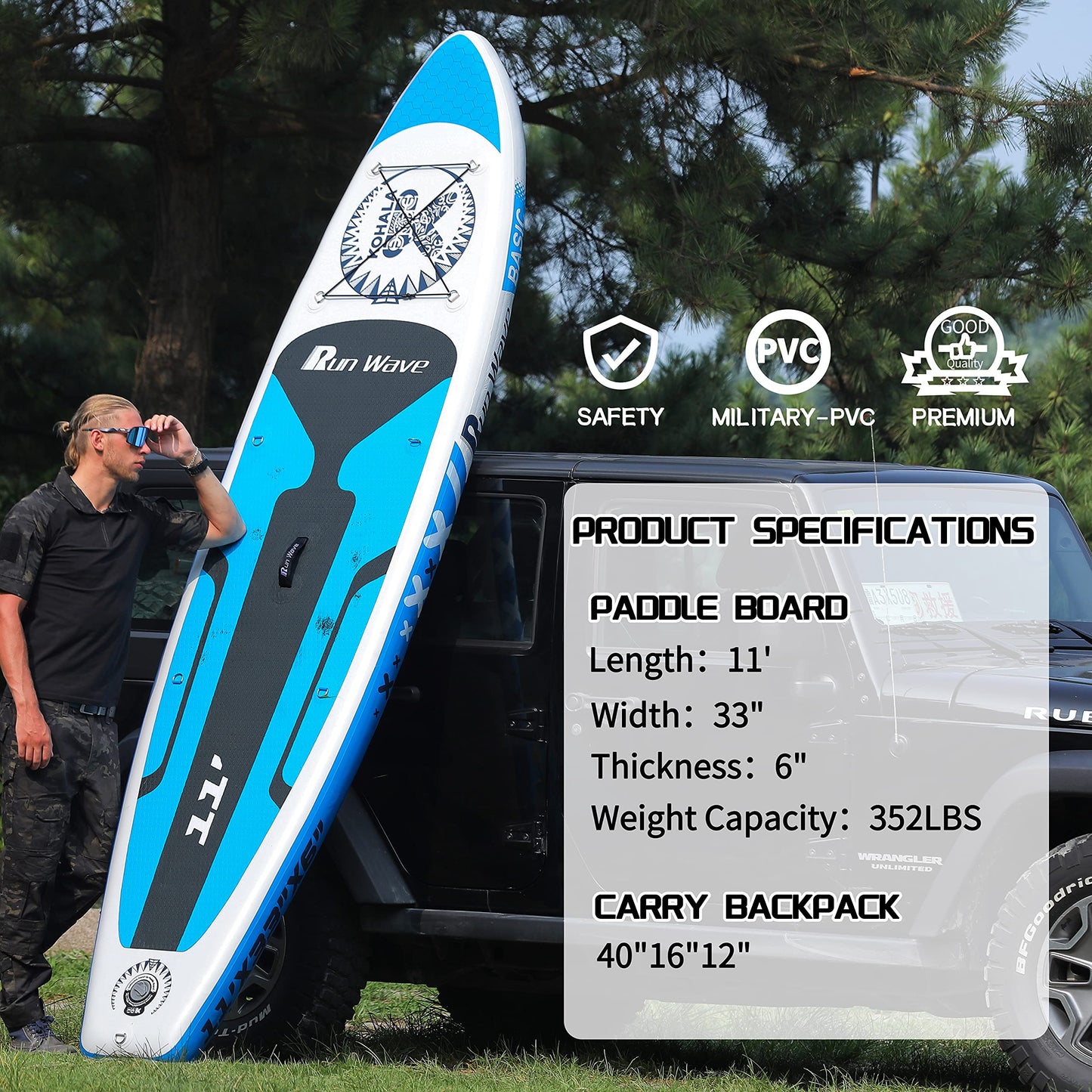 Run Wave Inflatable Stand Up Paddle Board 11'×33''×6''(6'' Thick) Non-Slip Deck with Premium SUP Accessories | Wide Stance, Bottom Fins for Surfing Control | Youth Adults Beginner (Kohala Blue)