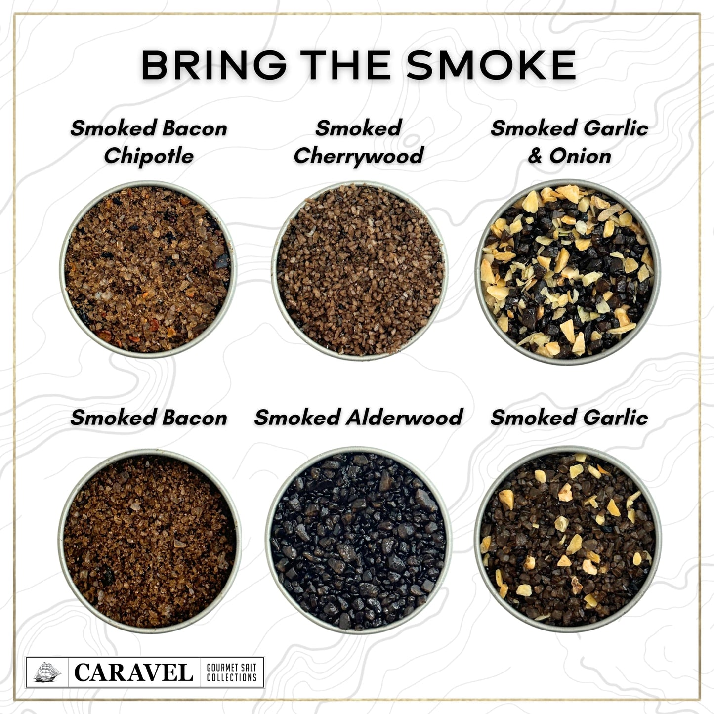 Smoked Sea Salt Sampler Set, Alderwood, Cherrywood, Bacon and Garlic Smoked Salts, Gourmet Cooking Gift, 0.5 oz x Bundle of 6 Flavored Salts - Caravel Gourmet Salt