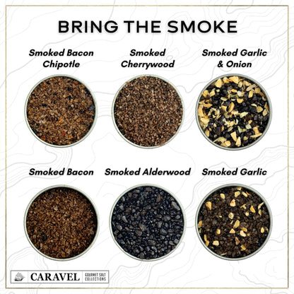 Smoked Sea Salt Sampler Set, Alderwood, Cherrywood, Bacon and Garlic Smoked Salts, Gourmet Cooking Gift, 0.5 oz x Bundle of 6 Flavored Salts - Caravel Gourmet Salt