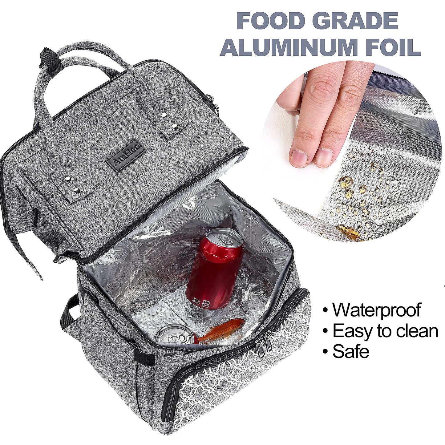 AmHoo Insulated Lunch Box Cooler Backpack Waterproof Leak-proof Lunch Bag Tote For Men Women Hiking Beach Picnic Trip with Strongest YKK Zipper Black