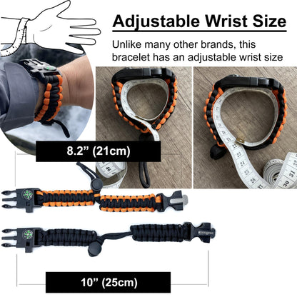 aZengear Paracord Survival Bracelet (2 Pack) | Flint Steel Fire Starter, Whistle, Compass, Mini Saw | Adjustable Wrist Band Size for Camping, Bushcraft, Emergency Kit (Black & Orange)