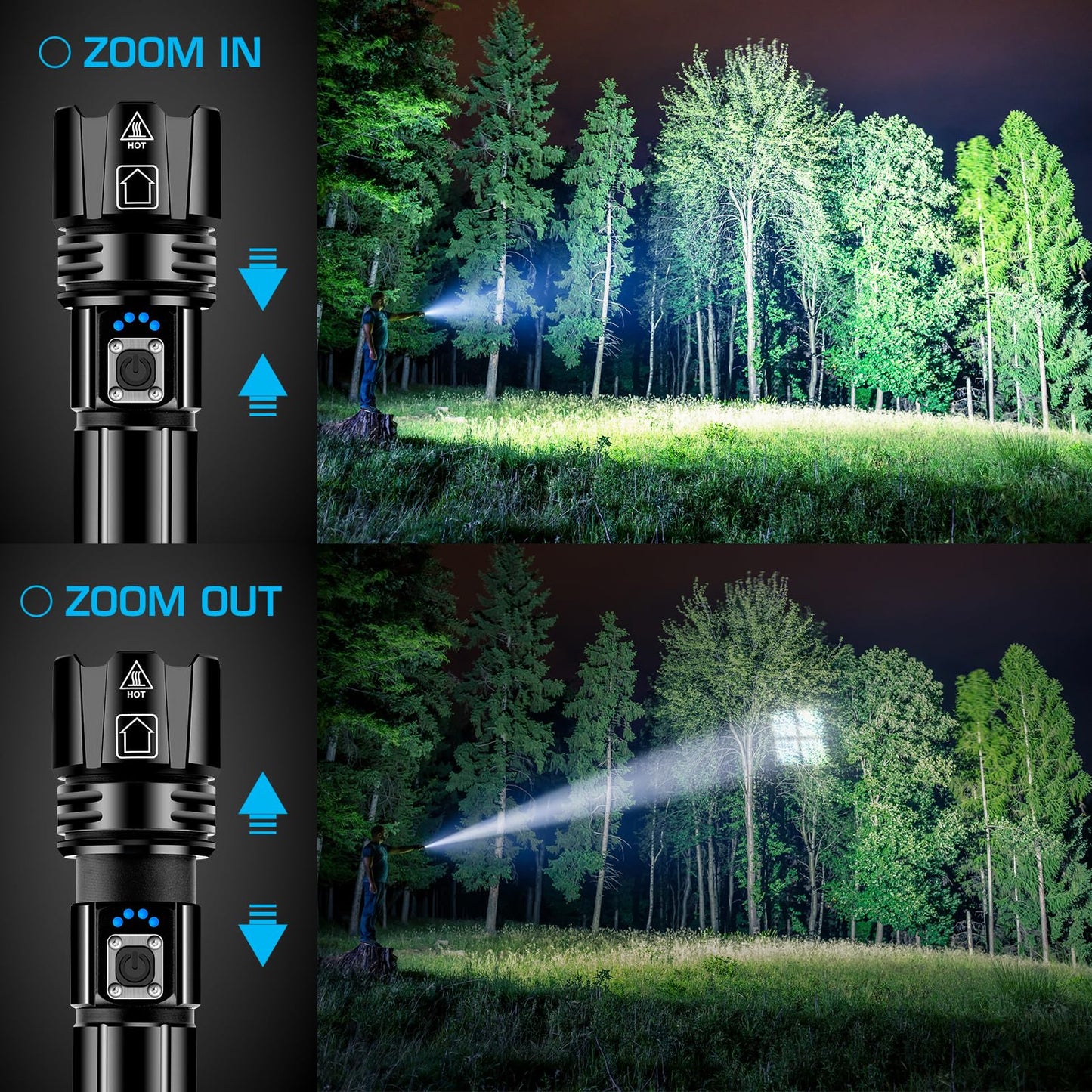ANKRA 90000LM High Lumen Rechargeable LED Flashlight, High Lumens XHP70.2, 10 Modes Zoomable,Waterproof,USB Output Power Bank,Tactical Flashlight for Camping,Hiking,Emergencies (2-Pack)