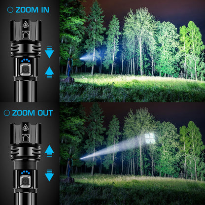 ANKRA 90000LM High Lumen Rechargeable LED Flashlight, High Lumens XHP70.2, 10 Modes Zoomable,Waterproof,USB Output Power Bank,Tactical Flashlight for Camping,Hiking,Emergencies (2-Pack)